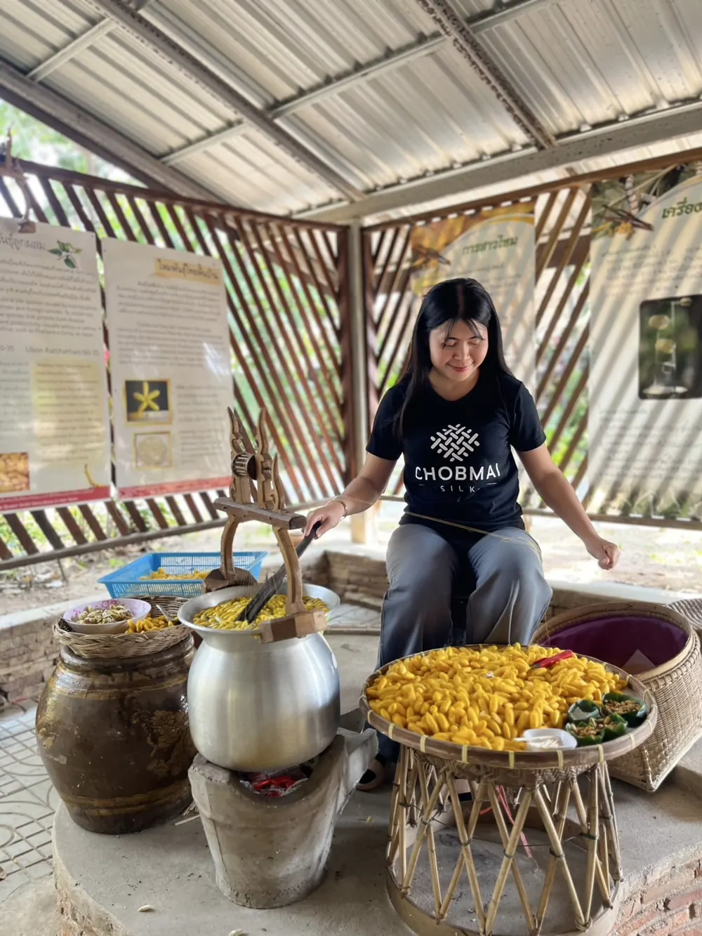 Hand-reeling raw silk thread from boiled cocoons using a traditional wooden reel