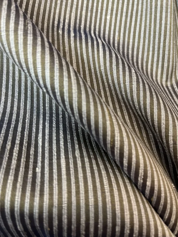 Denim-Like Silk, Heavy Textured, Dark Olive with Cream Stripe
