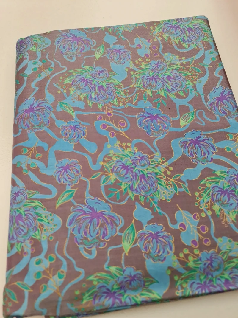 Printed Silk, Smooth Weave, Floral Print, Brown and Grey
