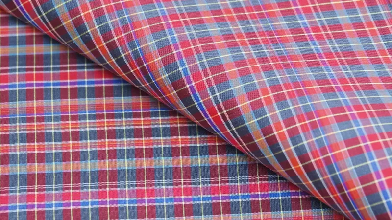 Silk Plaid, Smooth Weave, Red and Grey-Blue
