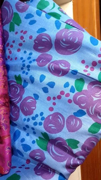 Printed Silk, Textured, Floral Print, Light Blue Ground
