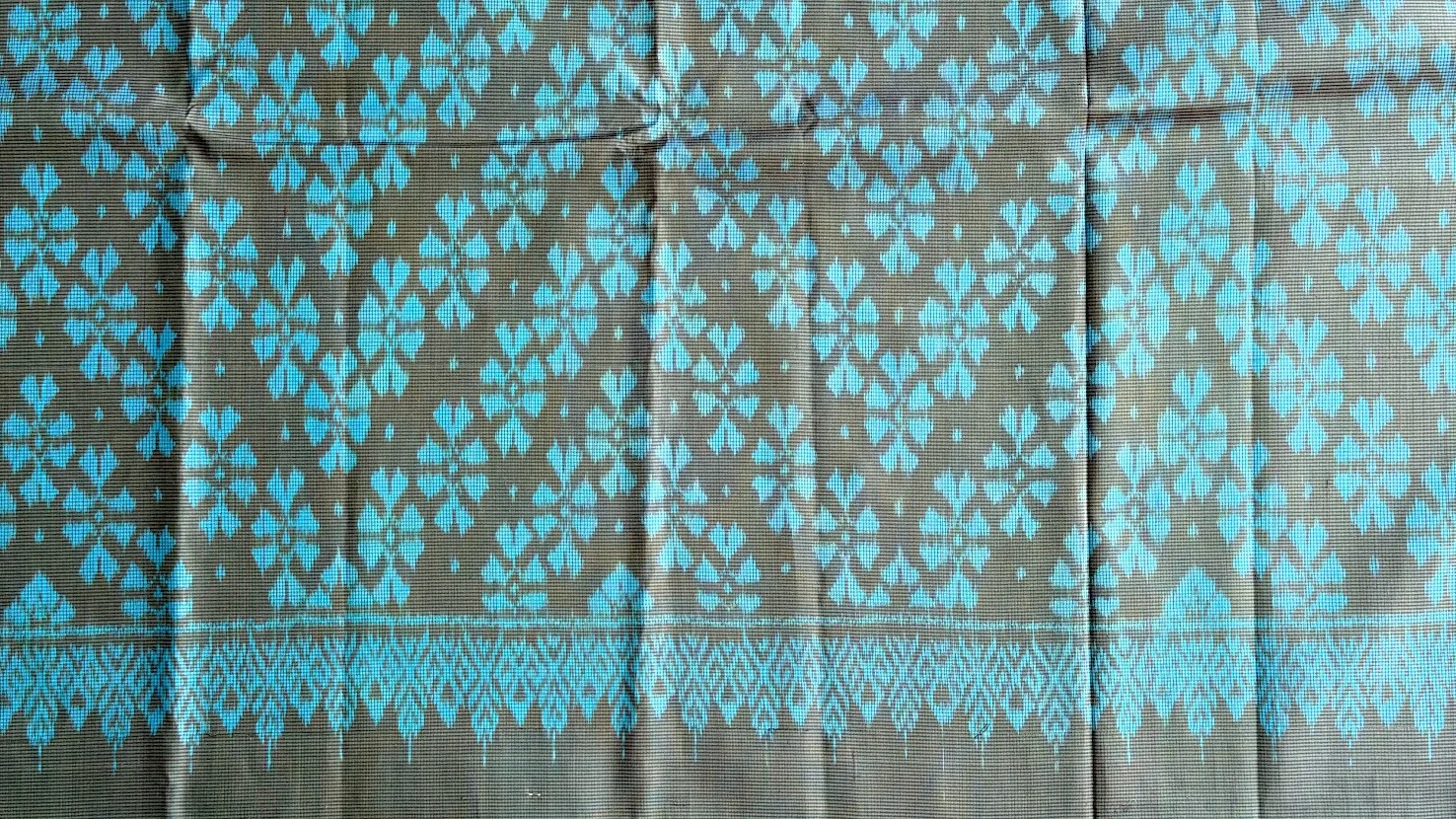 Ikat Silk, 2-Shaft, Dok Rak Pattern, Grey-Green with Sky Blue Ikat