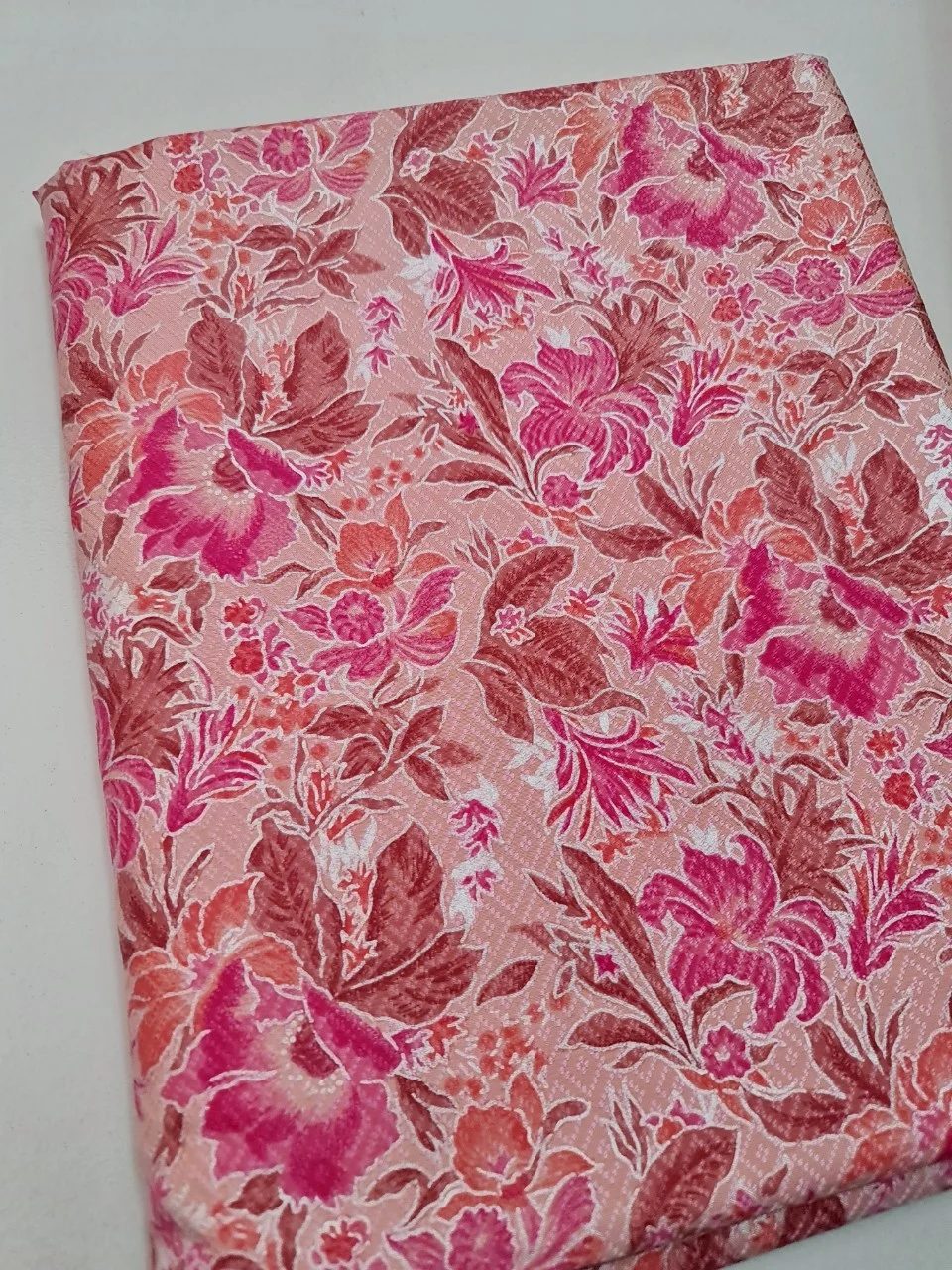 Printed Silk, Dobby Weave, Floral Print, Pink Ground
