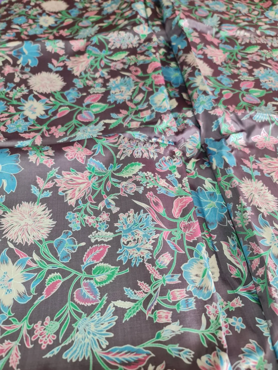 Printed Silk, Textured, Floral Print, Purple and Grey