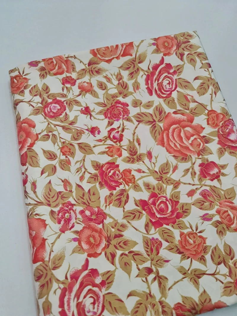 Printed Silk, Smooth Weave, Rose Print, Cream Ground