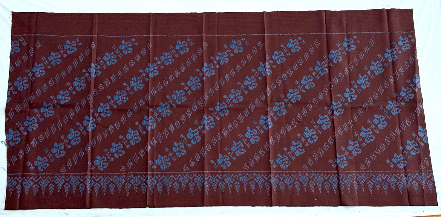 Ikat Silk, 2-Shaft, Dok Rak Pattern, Brown with Sky Blue Ikat