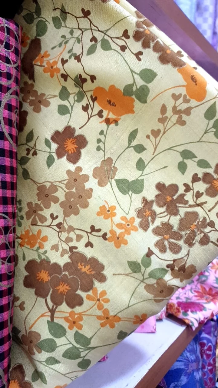 Printed Silk, Textured, Floral Print, Cream-Yellow Ground