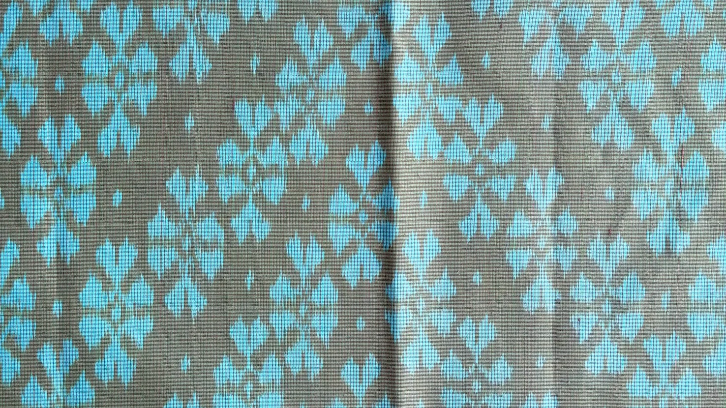 Ikat Silk, 2-Shaft, Dok Rak Pattern, Grey-Green with Sky Blue Ikat