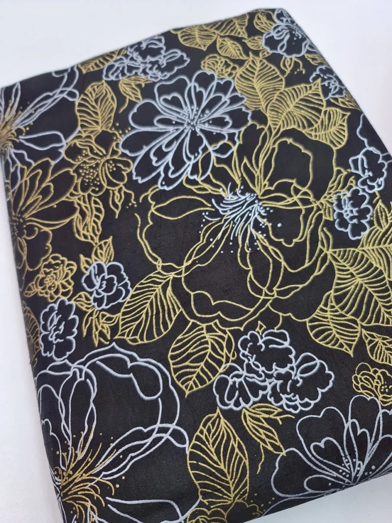 Printed Silk, Textured, Floral Print, Black Ground