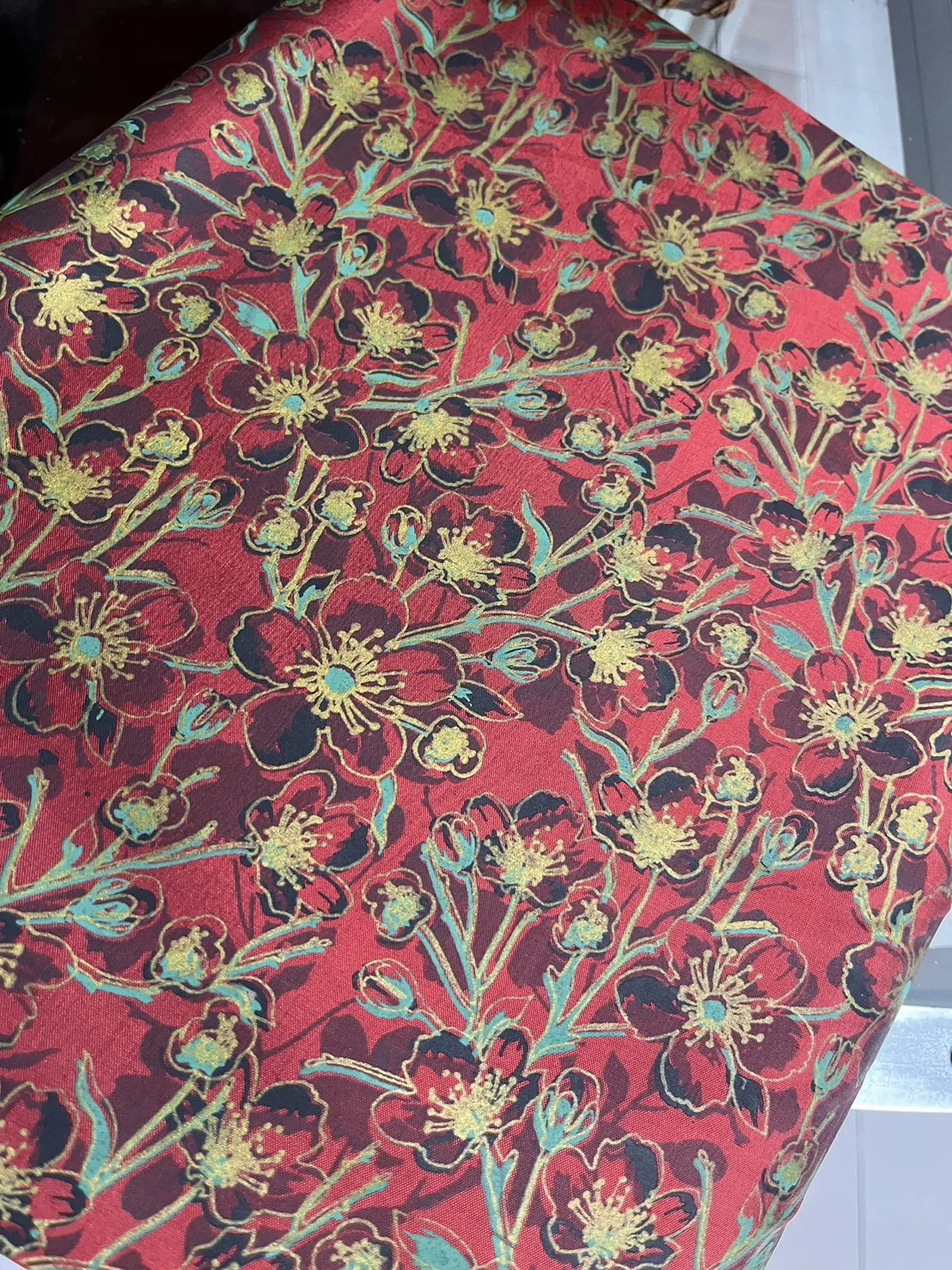 Printed Silk, Textured, Floral Print, Red Ground