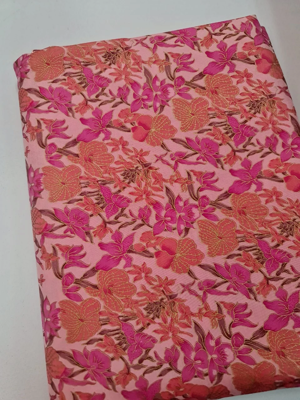 Printed Silk, Textured, Floral Print, Pink Ground