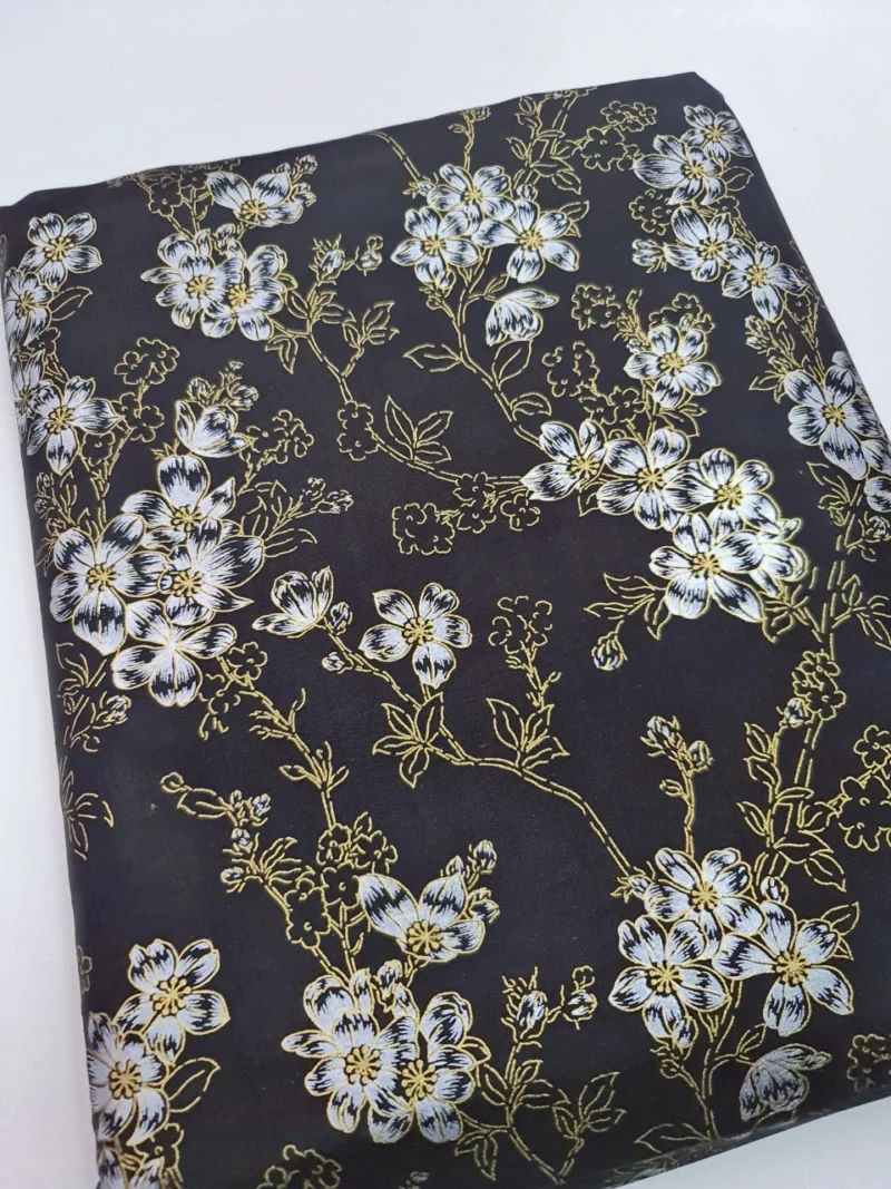Printed Silk, Smooth Weave, Floral Print, Black Ground