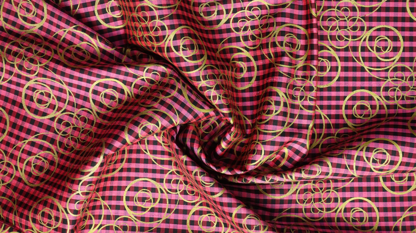 Printed Silk, Textured, Floral Print, Red and Dark Pink