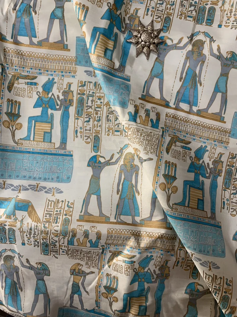 Printed Silk, Smooth Weave, Egyptian Print, Light Blue and Grey