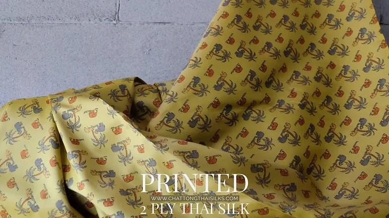 Printed Silk, Smooth Weave, 2-Ply, Elephant Print, Yellow