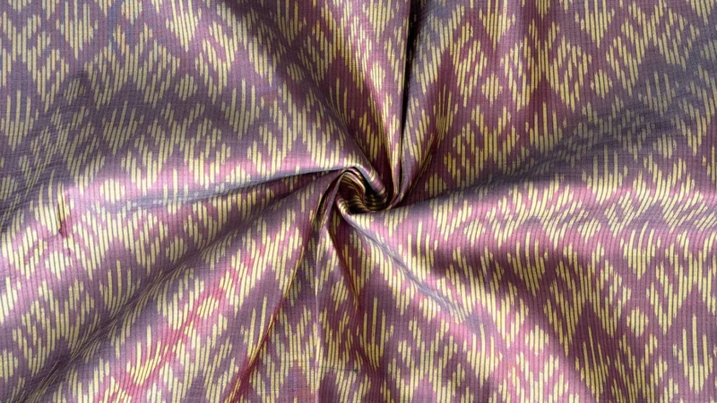 Ikat Silk, 2-Shaft, Peacock-Tail Pattern, Dark Red with Yellow Ikat
