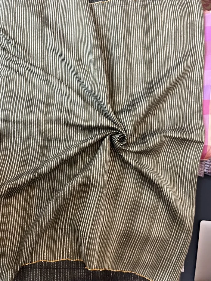 Denim-Like Silk, Heavy Textured, Dark Olive with Cream Stripe