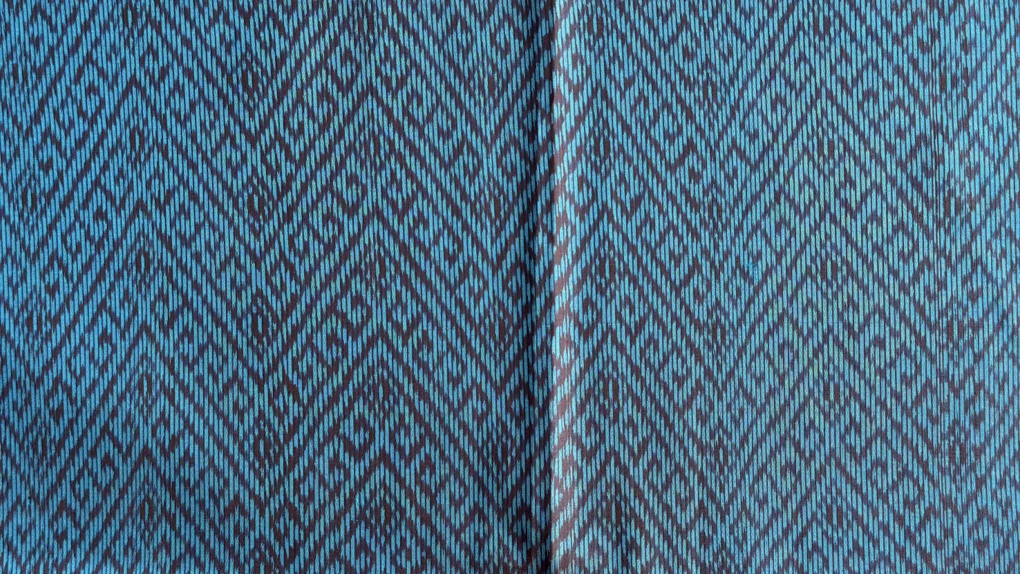 Ikat Silk, 2-Shaft, Zigzag Pattern, Dark Brown with Turquoise Ikat