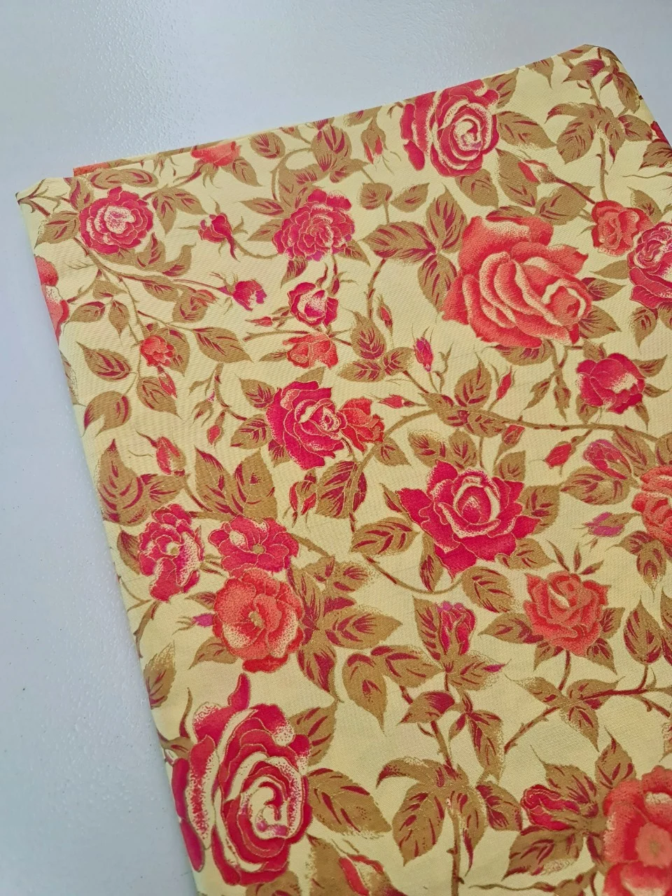 Printed Silk, Textured, Floral Print, Cream Yellow Ground