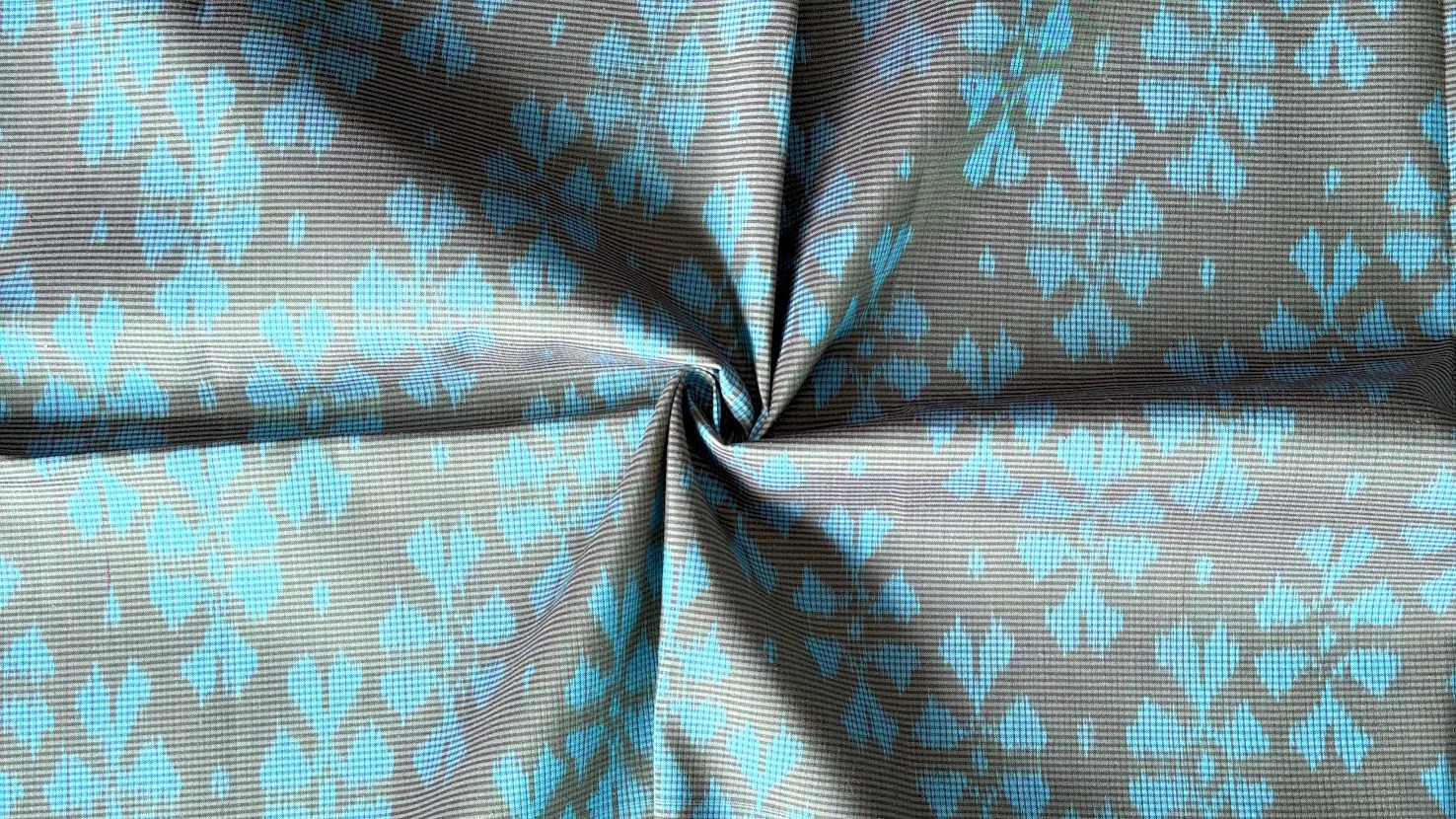 Ikat Silk, 2-Shaft, Dok Rak Pattern, Grey-Green with Sky Blue Ikat