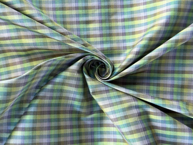 Silk Plaid, Smooth Weave, Green and Grey