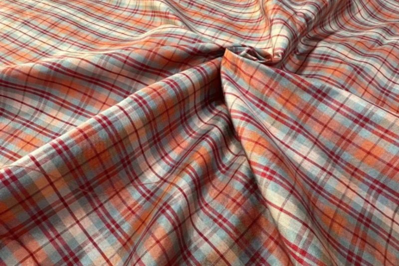 Silk Plaid, Smooth Weave, Orange and Grey-Blue