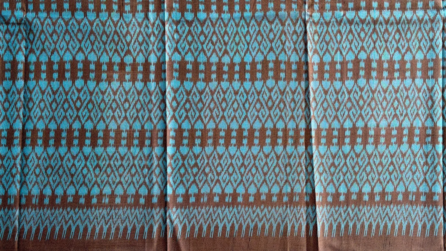 Ikat Silk, 2-Shaft, Crossed-Hook Pattern, Brown with Turquoise Ikat