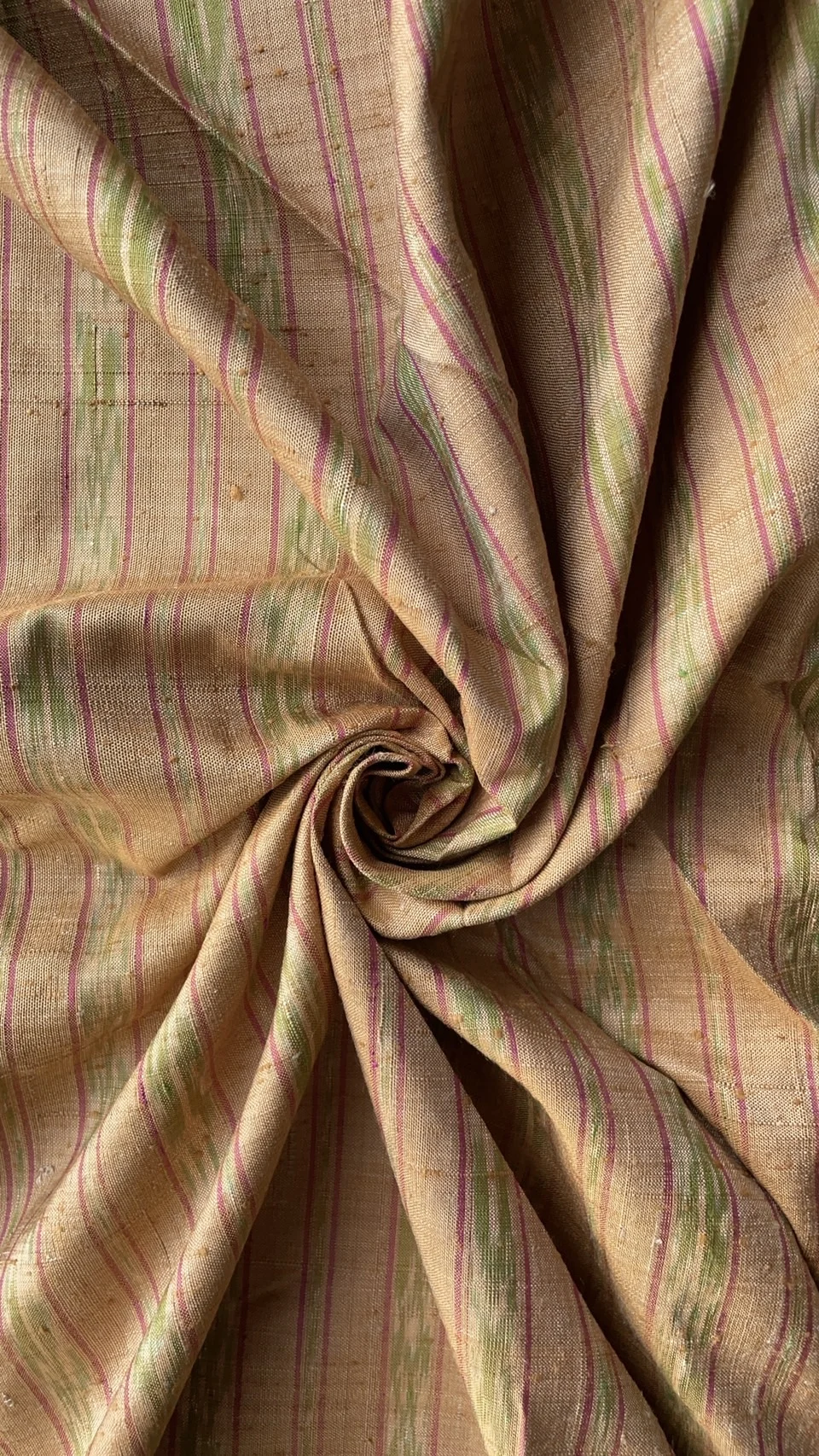 Ikat Native Silk, Hol Pattern, Light Brown with Green Stripe