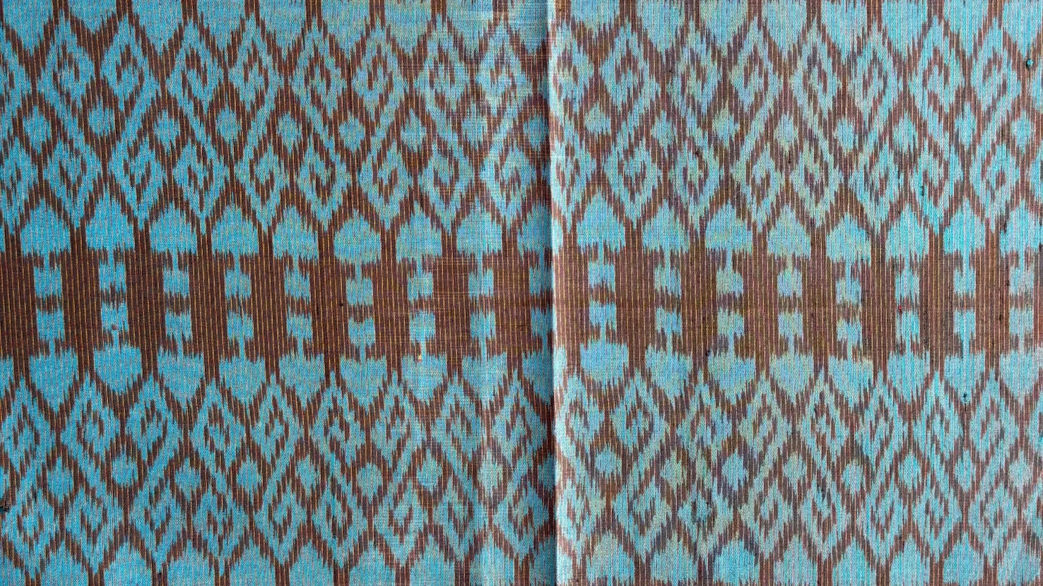 Ikat Silk, 2-Shaft, Crossed-Hook Pattern, Brown with Turquoise Ikat
