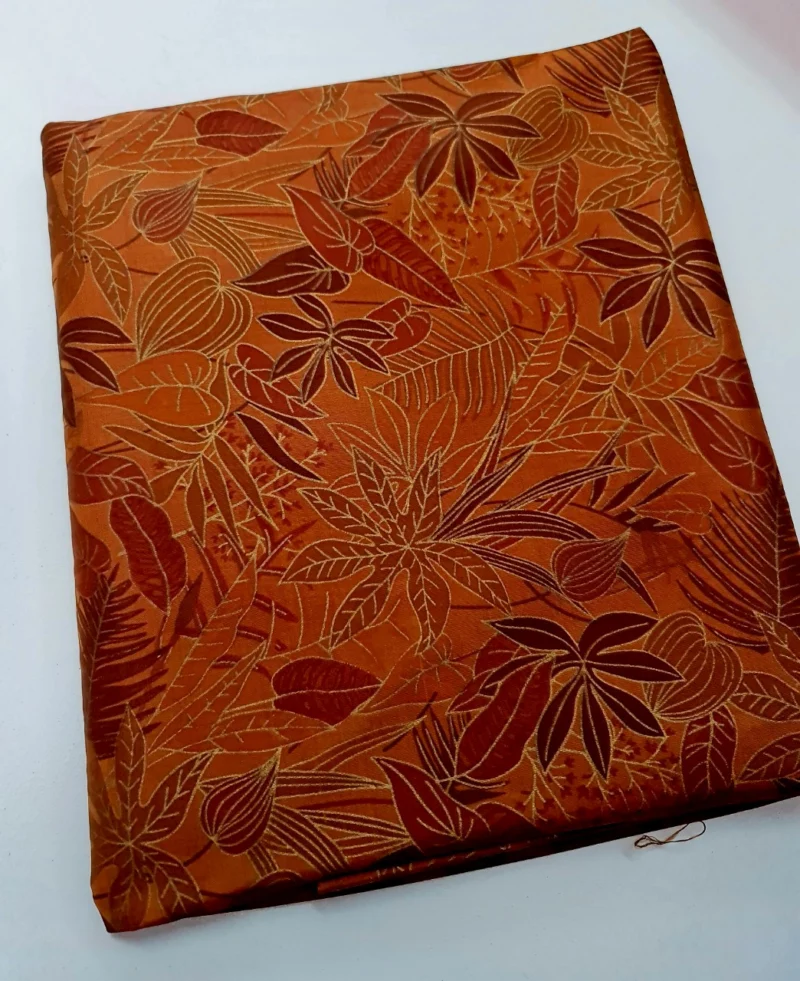 Printed Silk, Textured, Leaf Print, Brown Ground