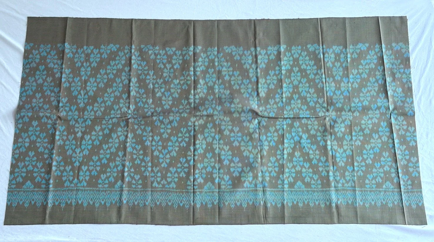 Ikat Silk, 2-Shaft, Dok Rak Pattern, Grey-Green with Sky Blue Ikat