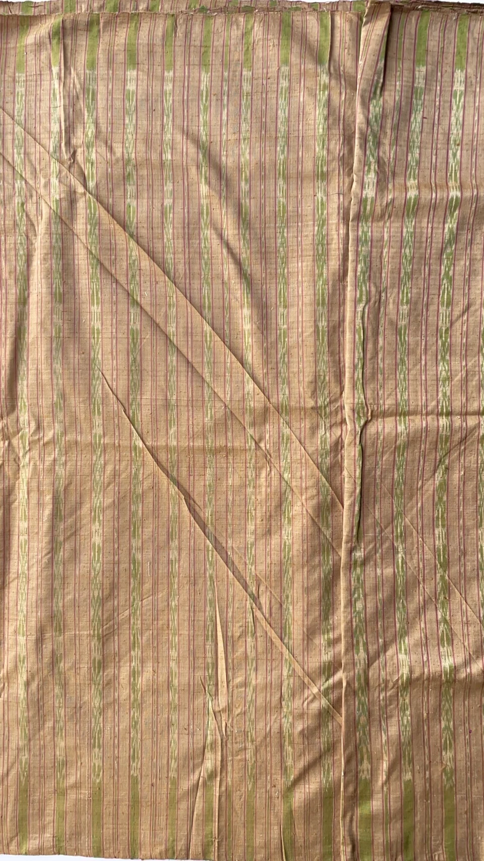 Ikat Native Silk, Hol Pattern, Light Brown with Green Stripe
