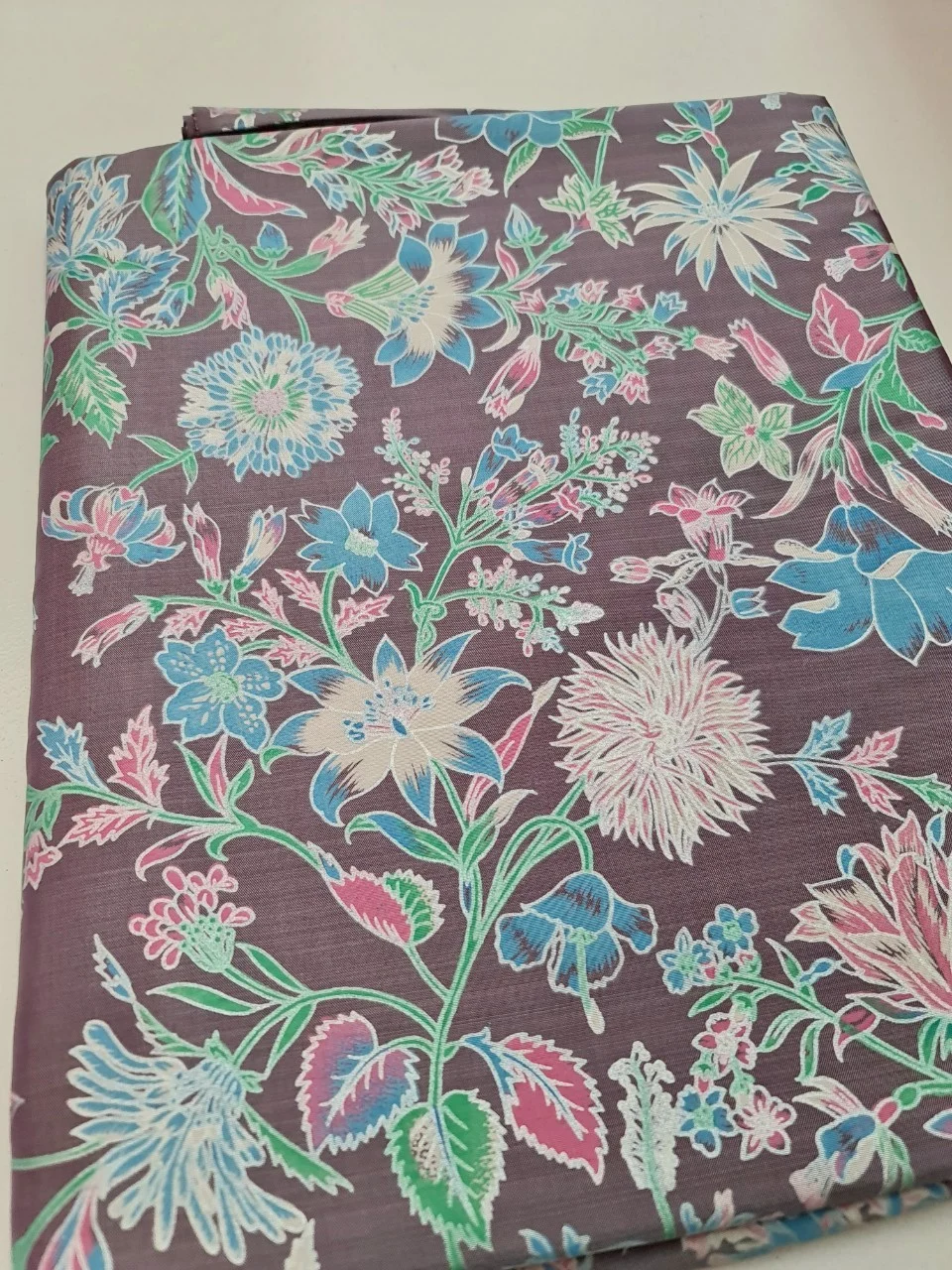 Printed Silk, Textured, Floral Print, Purple and Grey