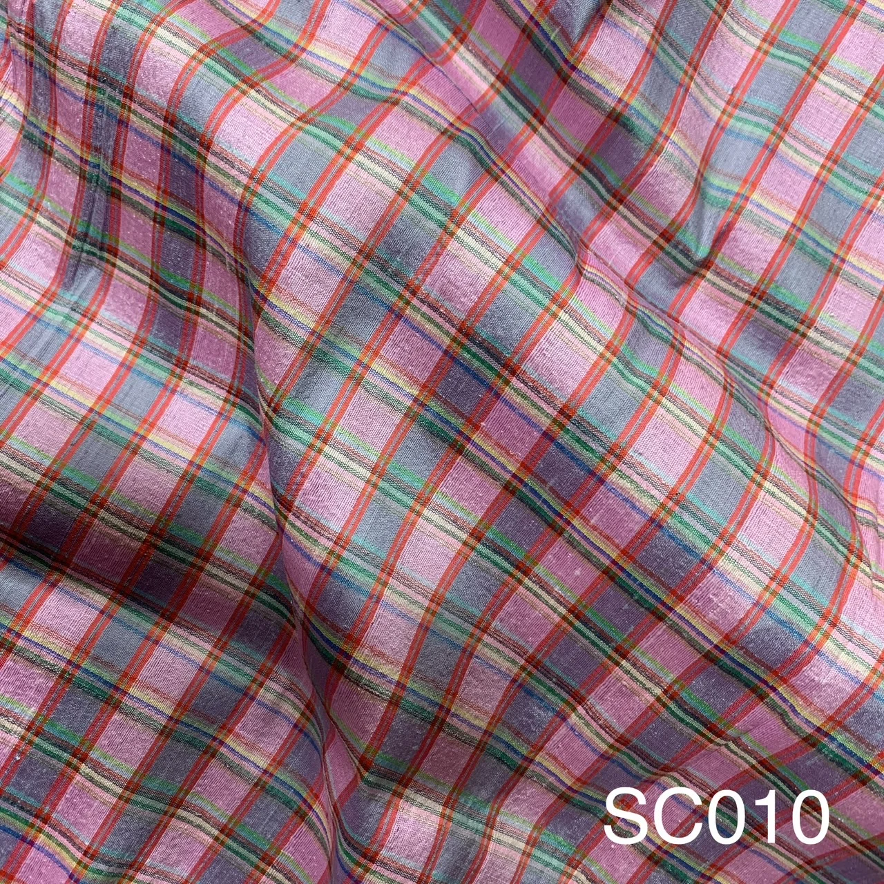 Silk Plaid, Textured, Pink and Grey-Blue
