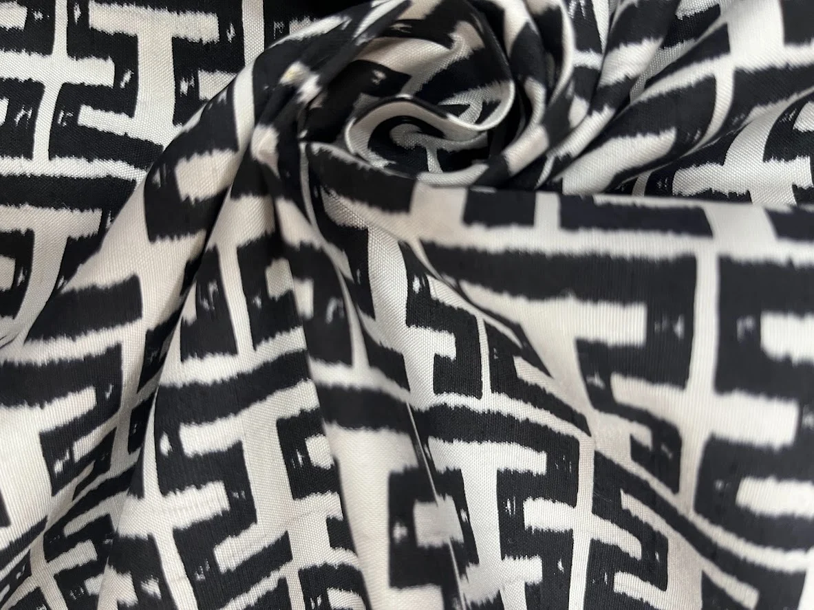 Printed Silk, Smooth Weave, Key Print, White and Black